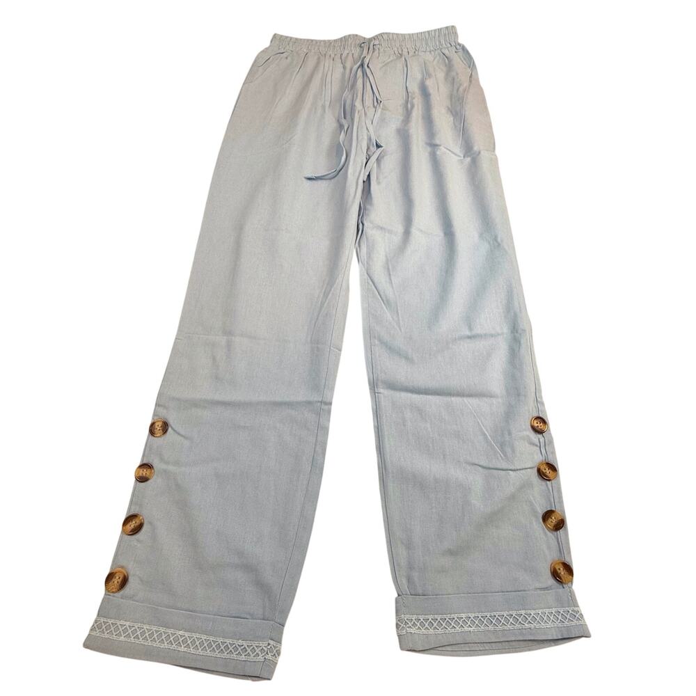 NWT Women's Baby Blue Pants Loose Fit Button Crochet Trim Elastic Waist Pockets - Picture 15 of 16
